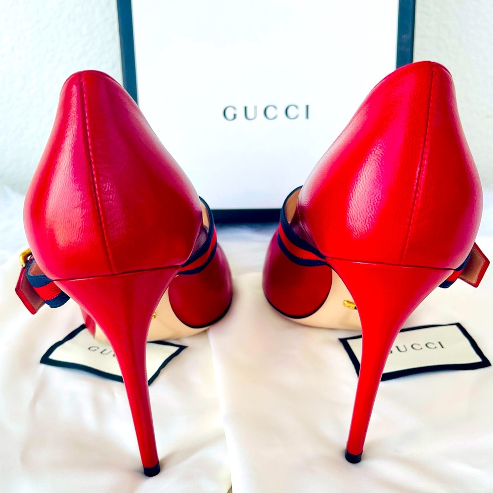 New! GUCCI “Mary Jane” inspired
RED Leather Sylvie Web Strap Heels Size 38.5 - Picture 11 of 14